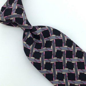 Holland & Sherry USA Tie Black Pink Gray Geometric Grid Luxury Necktie Silk L5